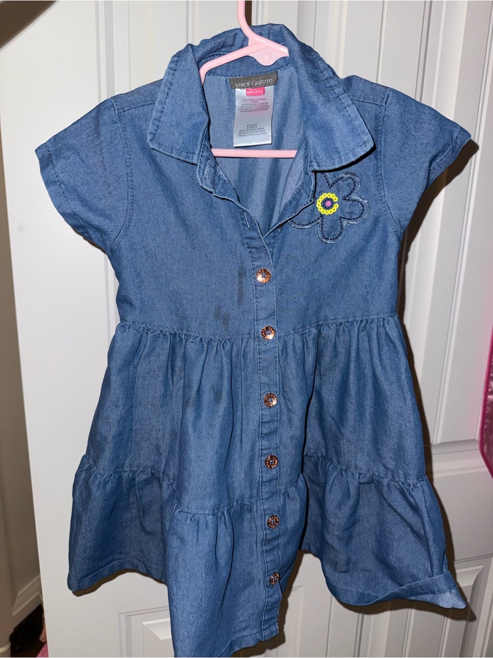 Vince Camuto Blue Denim Girls Button-Front Dress with Flower Accent